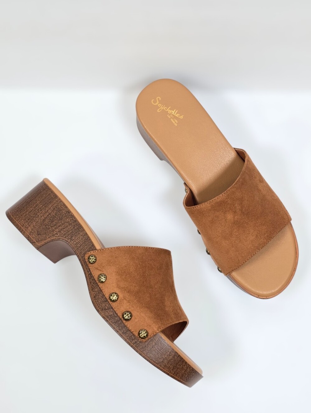 Seychelles Claire Clog Sandals Brown Suede Studded Slide Wood Stacked Heel